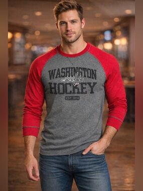 Washington Capitals NHL Shirt Mens Medium Grey Red Waffle Long Sleeve Hockey NWT